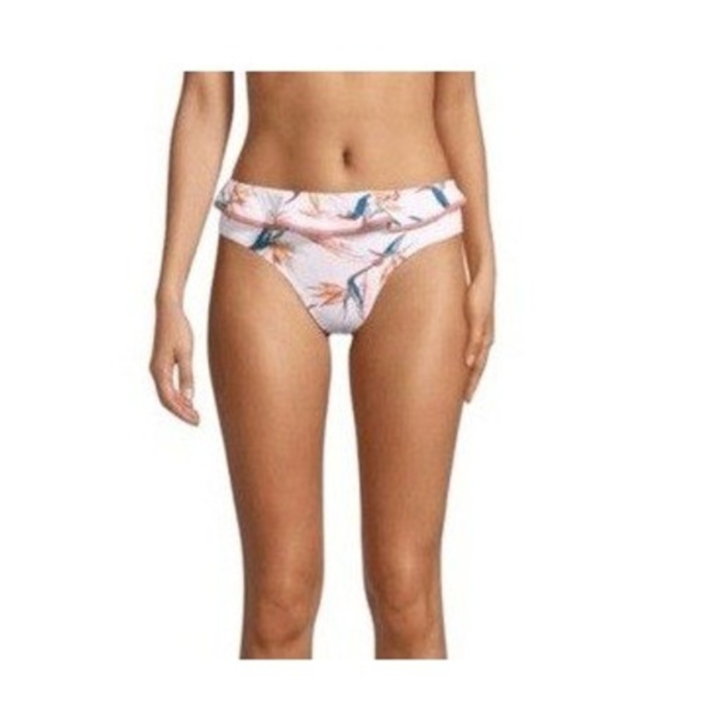 Time and Tru Birds of Paradise Bikini Bottom White Orange Floral Ruffle Swimsuit